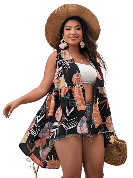 

plus plant print open front kimono f38d#, Black;gray