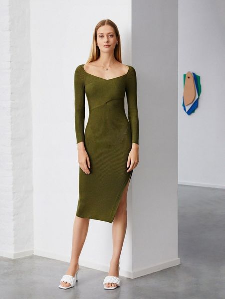 

motf premium wool-mix split thigh sweater dress e5sl#, White;black