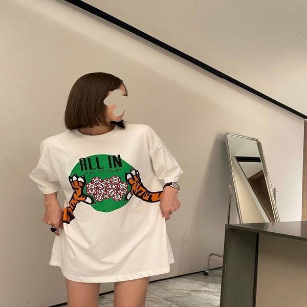 

women's t-shirt ss early spring round neck cotton short sleeve t-shirt women loose shoulder grab money tiger white bottomed shirt coupl