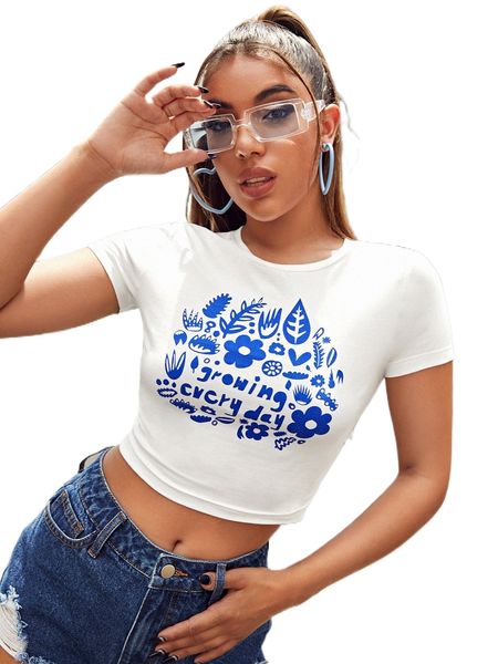 

x mister fred floral & letter graphic crop tee c7py#, White