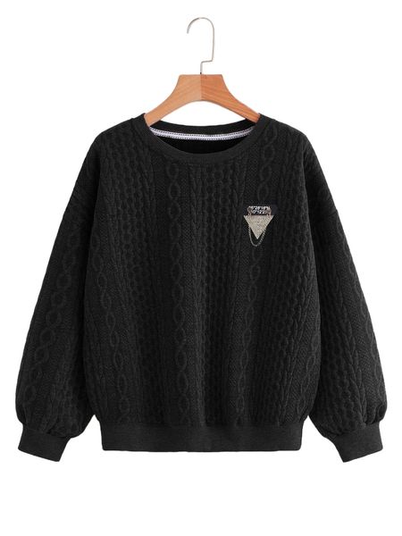 

cable pattern drop shoulder pullover n9te#, Black