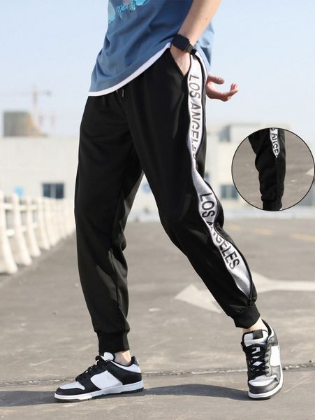 

men letter graphic contrast side seam drawstring waist sweatpants q8jn#, Black