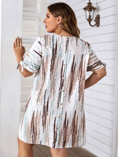 

plus allover print knot cuff tunic dress 20zi#, Black