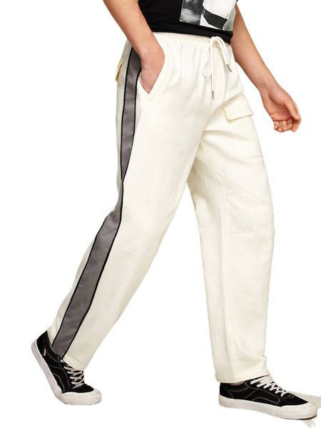 

x popinstadart men contrast side seam flap pocket drawstring waist pants 0027#, Black