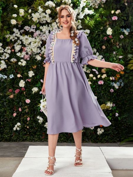 

plus ruffle trim puff sleeve dress p6sv#, Black