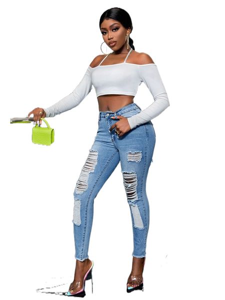 

sxy ripped raw cut skinny jeans d5lu#, Blue