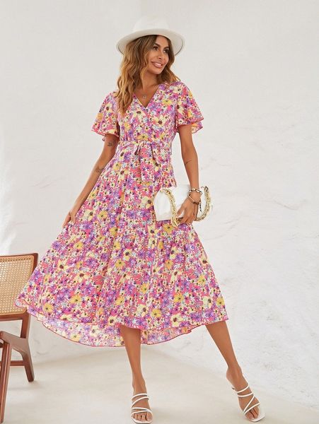 

flippy hem belted floral print dress 1224#, Black;gray