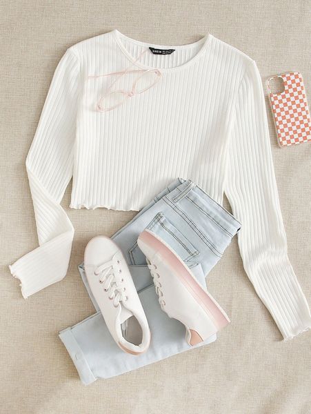 

lettuce edge rib-knit tee i0sy#, White