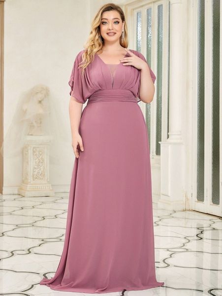 

ever-pretty plus batwing sleeve ruched shirred back chiffon prom dress f7nf#, Black
