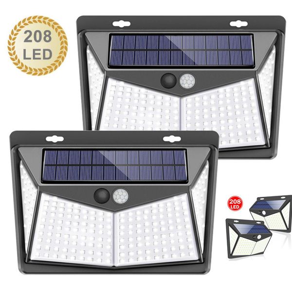 208 LED Luz solar ao ar livre Sensor de movimento Luzes de parede Pathway de jardim Lâmpada de rua à prova d'água Holofote de energia solar
