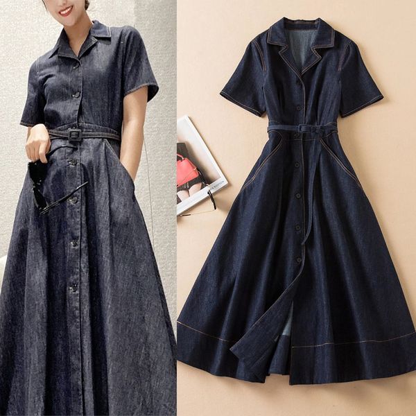 

plus size dresses fall womens clothing new small business suit collar single-breasted waist-controlled large hem denim short sleeve dress wi, Black