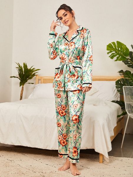 

tropical contrast binding belted pajama set h3jx#, Black;red