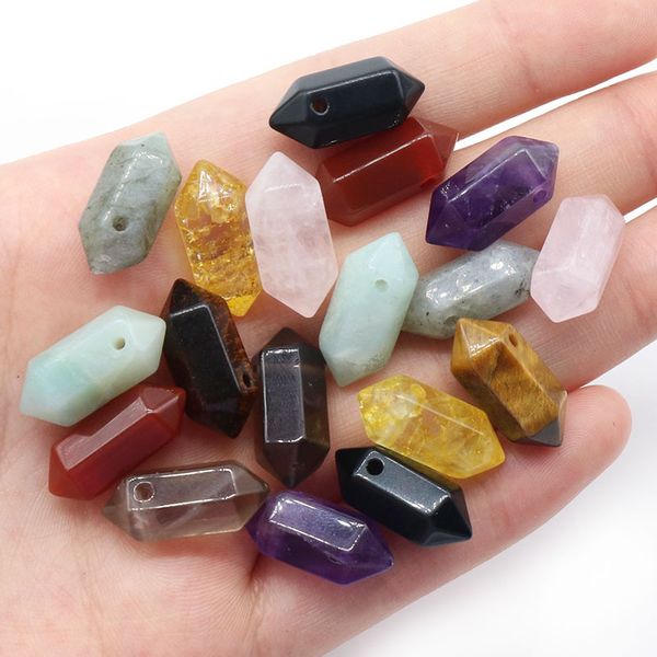 

natural stone 8x20mm hexagon prism charms quartz tiger's eye turquoise crystal pendants clear gem stone fit necklace making assorted, Bronze;silver