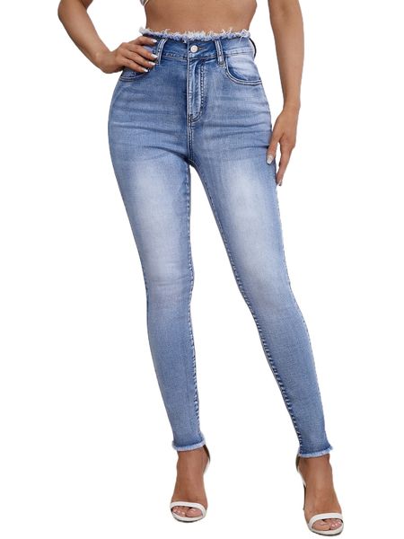 

high waisted raw hem skinny jeans t2zj#, Blue
