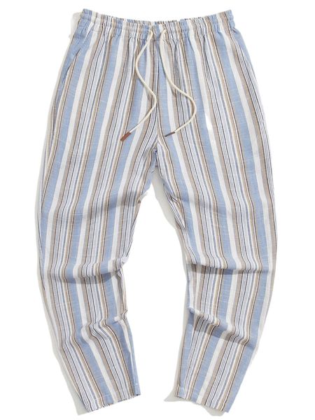 

men striped drawstring waist pants b6ih#, Black