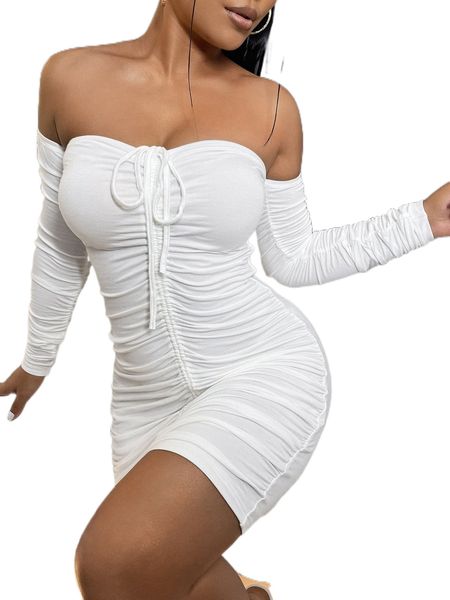 

sxy off shoulder drawstring ruched bodycon dress 86bc#, Black;gray