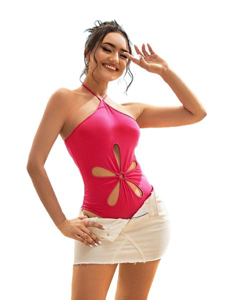 

o-ring cut out tie backless halter bodysuit h4er#, White