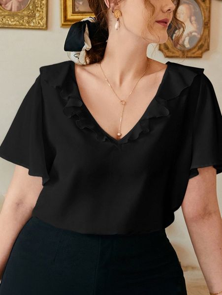 

plus solid ruffle trim v-neck s9mq#, Black