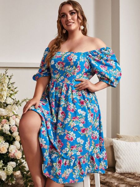 

sbetro plus floral print off shoulder ruffle hem dress 201l#, Black