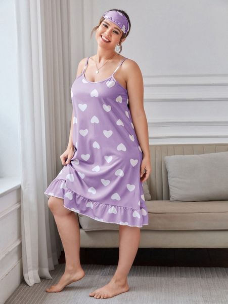 

plus allover heart print cami night dress with eye cover o0km#, Black;white