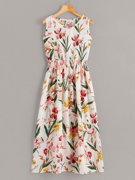 

floral print shirred dress r6xr#, Black;gray