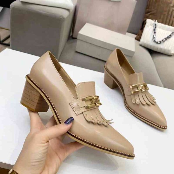 

pointed dress shoes women's leather shoes high heels decorative tassels retro style light color spring festival series, Black