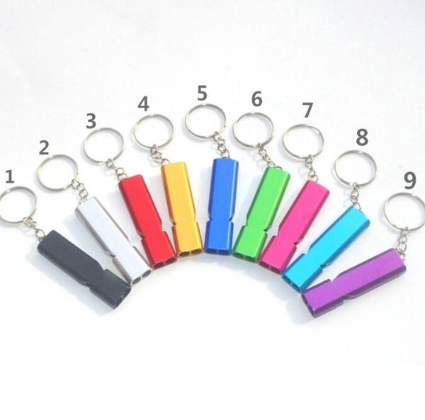 9 Cores Wilderness Wildeness Whistle Keychains de alumínio Alumínio Metal Whistles Double Tubo Double Frequency Whistle Travel Tool