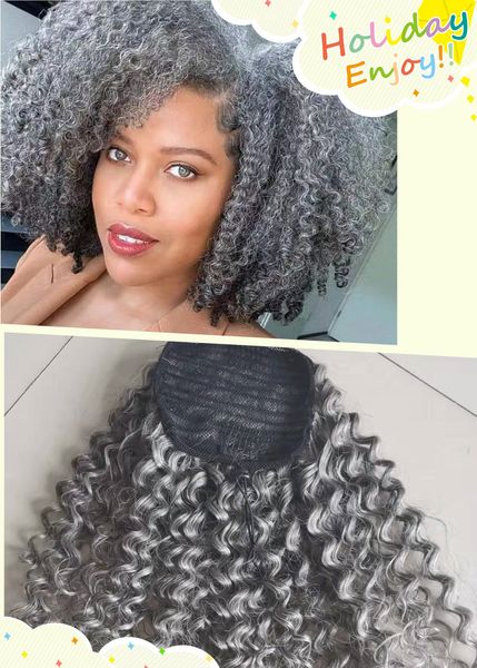 

custom afro kinky curly gray ponytail salt&pepper human hair extension drawstring with combs silver grey fashion color 100g 120g, Black