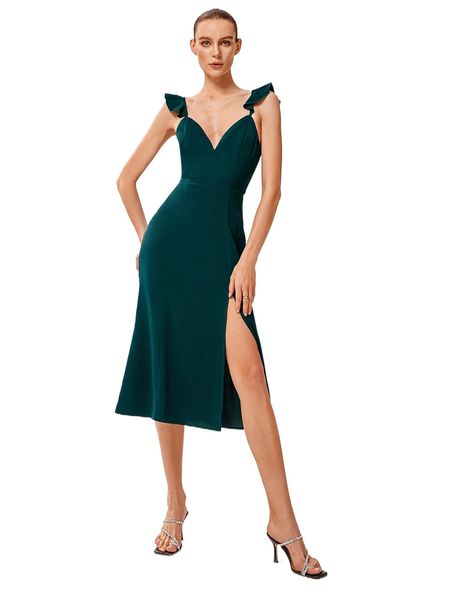 

double crazy ruffle trim split thigh tie back dress s13g#, Black;gray