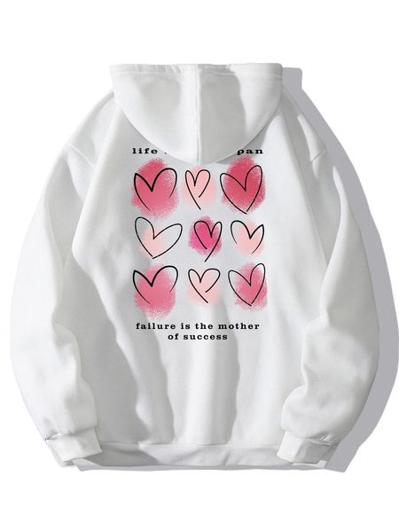 

heart & slogan graphic kangaroo pocket drawstring thermal hoodie u2v6#, Black