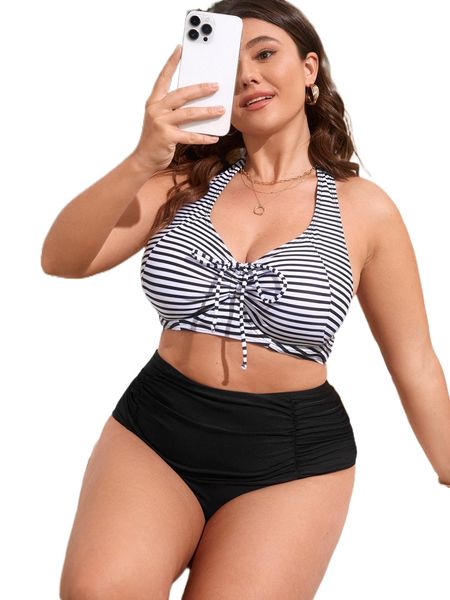

plus striped print tie back push up halter bikini swimsuit b7oy#, White;black