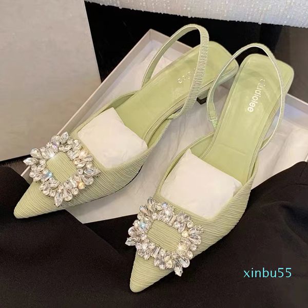 Yaz kadın kristal pompalar zarif yavru kedi topuklu düğün ayakkabıları sivri uçlu yüksek slingback bez rhinestones sandalet