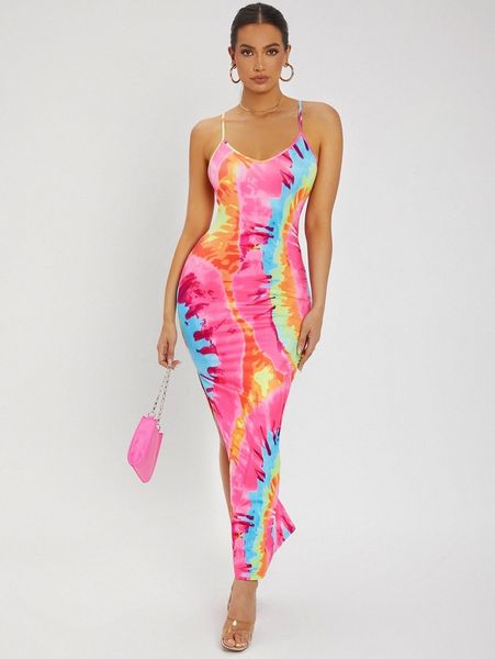 

sxy tie dye crisscross backless split thigh dress u9xg#, Black;gray