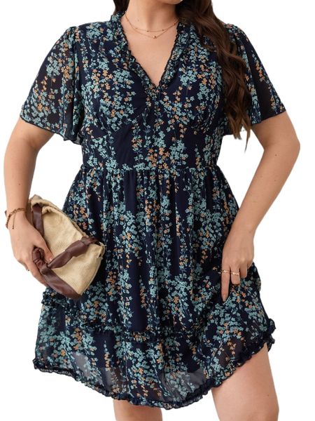

plus ditsy floral print frill trim dress 3439#, Black