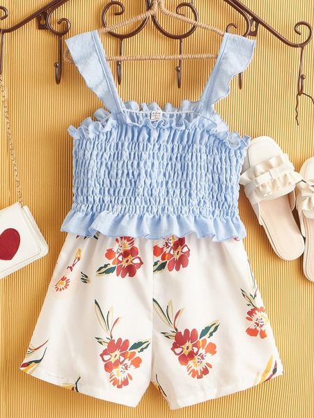 

girls' pleated lace hem and printed shorts she, White
