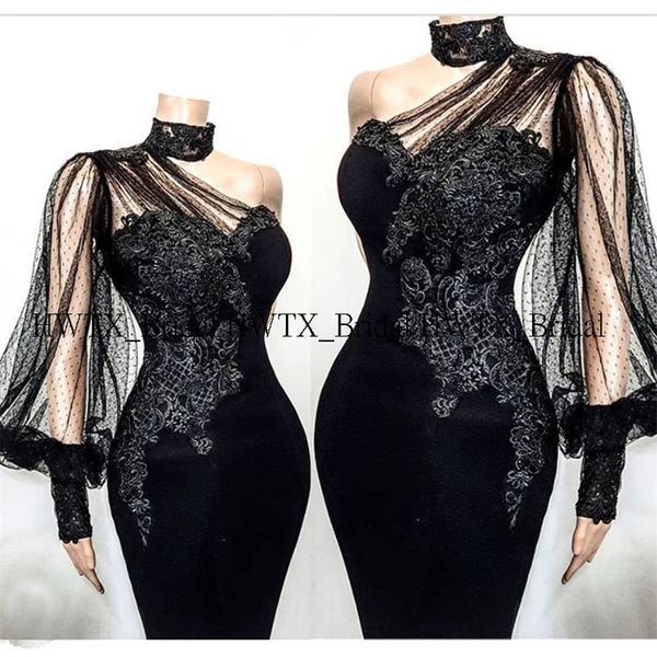 

vintage lace evening dress new customized one shoulder transparent long sleeves black mermaid formal party gown with train 201114, White;black