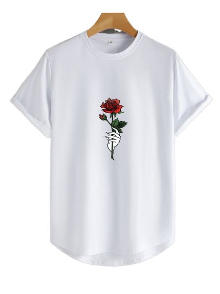 

men rose & hands print high low hem tee x03r#, White;black