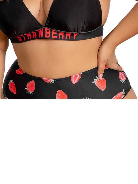 

plus strawberry print bikini bottom e6p5#, Black