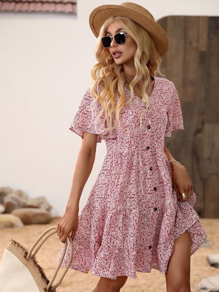 

ditsy floral print butterfly sleeve ruffle hem dress g1yu#, Black;gray