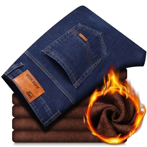 

brand autumn winter warm flocking denim soft men activities fleece line men jeans black blue grey colors 220803