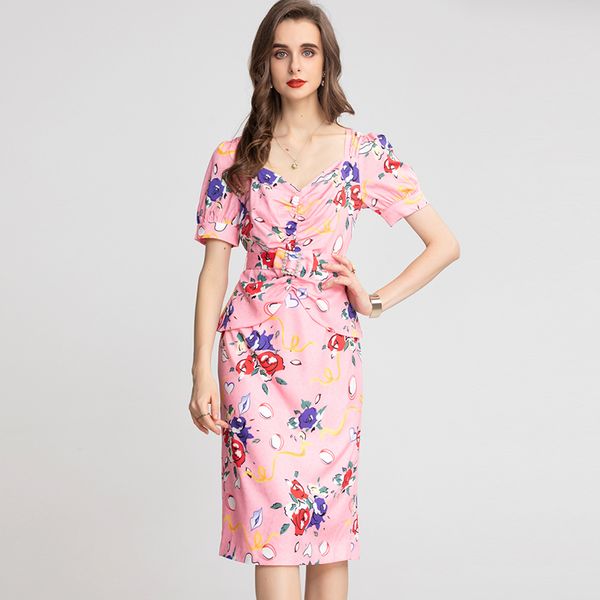 

women's runway dresses short sleeves ruched printed fashion pencil dress vestidos, Black