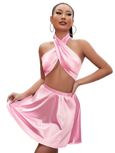 

cross wrap tie back satin halter & skirt t40x#, White