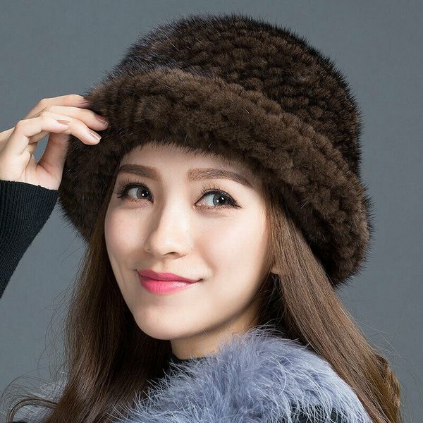 

fur hat lady real mink fur bucket cap outdoor warm earmuffs black brown wine red, Blue;gray