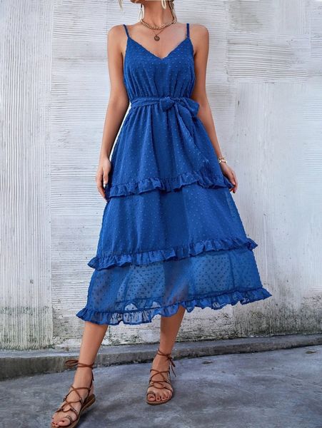 

layered ruffle hem belted swiss dot chiffon slip dress h6z3#, Black;gray