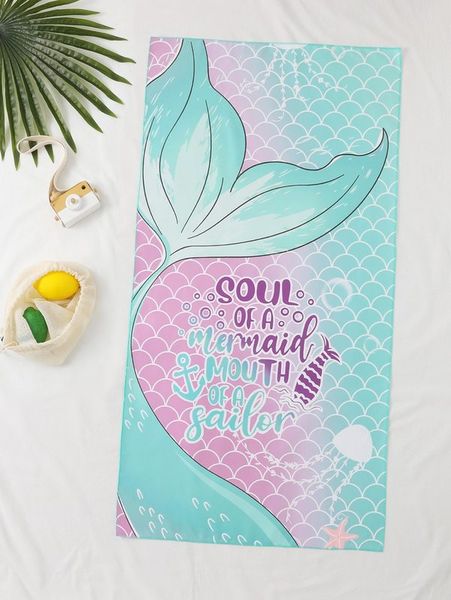 

toddler girls slogan & mermaid print beach blanket she, Blue