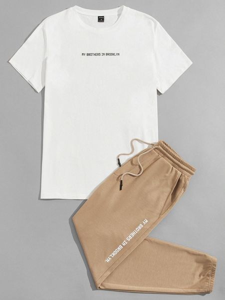 

men drop shoulder slogan pattern tee & drawstring waist sweatpants h3k1#, Gray