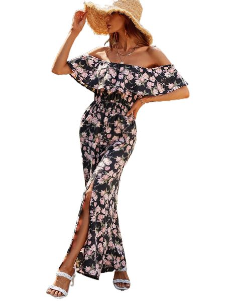 

allover floral print off shoulder split thigh jumpsuit h99m#, Black;white