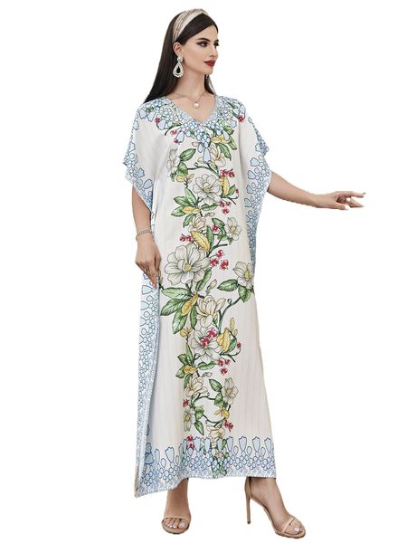 

floral print split side batwing sleeve dress 95hq#, Black;gray