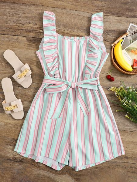 

vertical striped ruffle trim belted romper g1ui#, Black;white