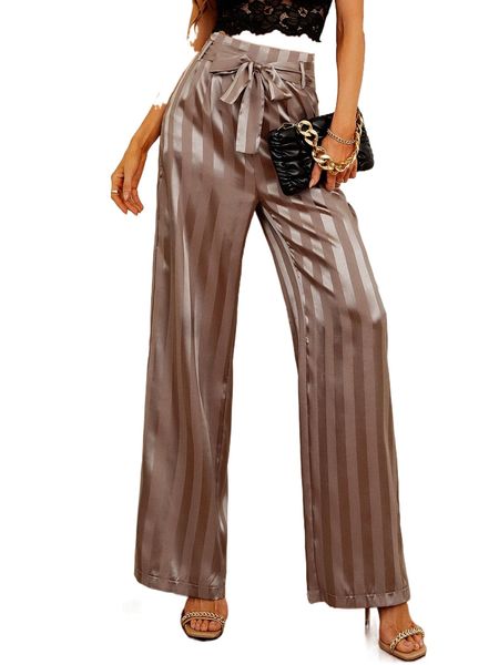 

striped jacquard satin belted pants 36sv#, Black;white